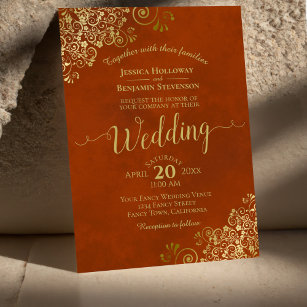 Rust Orange Elegant Gold Lace Calligraphy Wedding Einladung