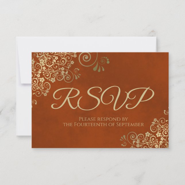 Rust Orange & Elegante Gold Lace Frilly Wedding RSVP Karte (Vorderseite)
