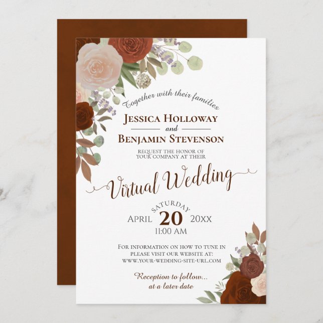 Rust Orange Fall Watercolor Blumen Virtual Wedding Einladung (Vorne/Hinten)