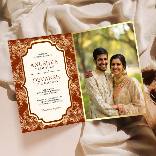 Rust Orange Gold Lace QR Code Foto Indian Wedding Einladung (Von Creator hochgeladen)