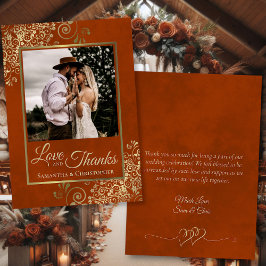 Rust Orange & Gold Liebe Dank Foto Note Wedding Dankeskarte