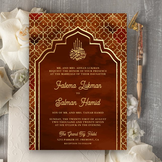 Rust Orange Gold marokkanische Arch Moslem Hochzei Einladung (Von Creator hochgeladen)