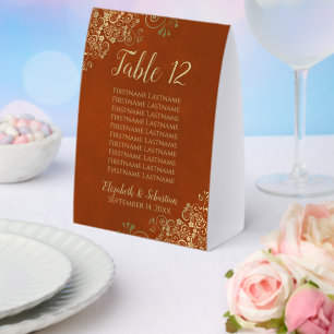Rust Orange & Gold Wedding Tischnummer & Names Tischaufsteller