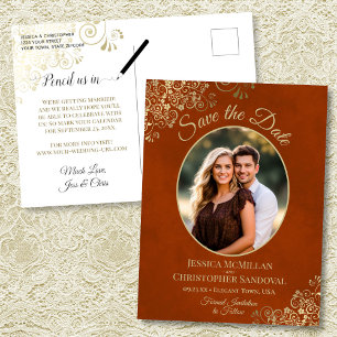Rust Orange Hochzeit Terminankündigung Gold Oval F Ankündigungspostkarte