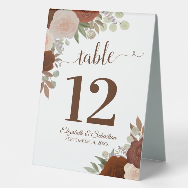 Rust Orange Rose Herbsthochzeit Tischnummer Tischaufsteller (Vorderseite)