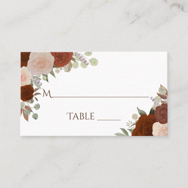 Rust Orange Rose Hochzeitstichtraining-Escortkarte Platzkarte (Vorderseite)