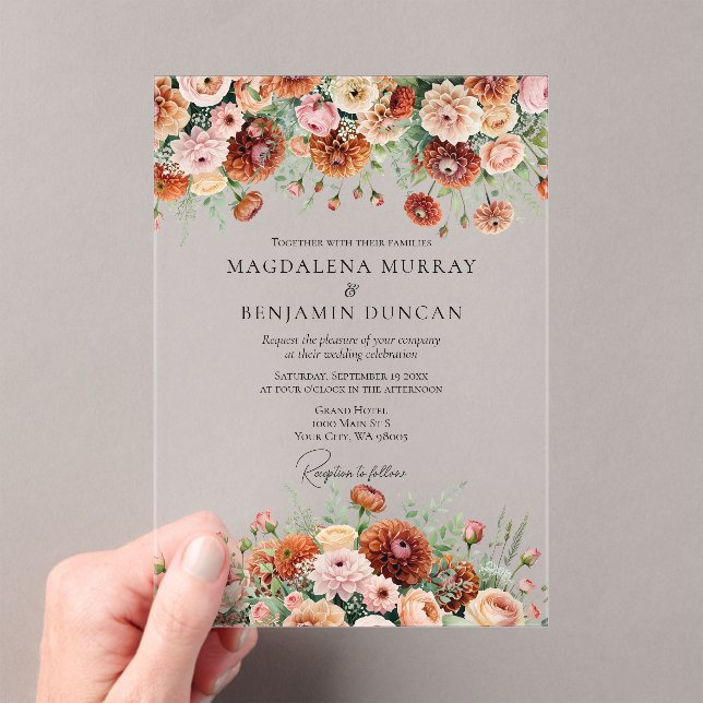 Rust Orange Sage Green Creme Blume Hochzeit im Her Acryleinladungen (Insitu (Handheld))