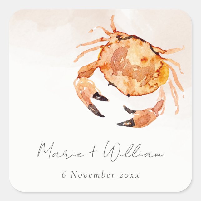 Rust Orange Sand Coastal Crab Nautical Wedding Quadratischer Aufkleber (Vorderseite)