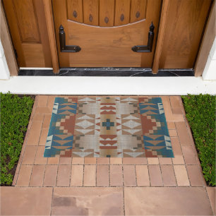 Rust Orange Taupe Brown Aquamarines blaues Tribal Fußmatte
