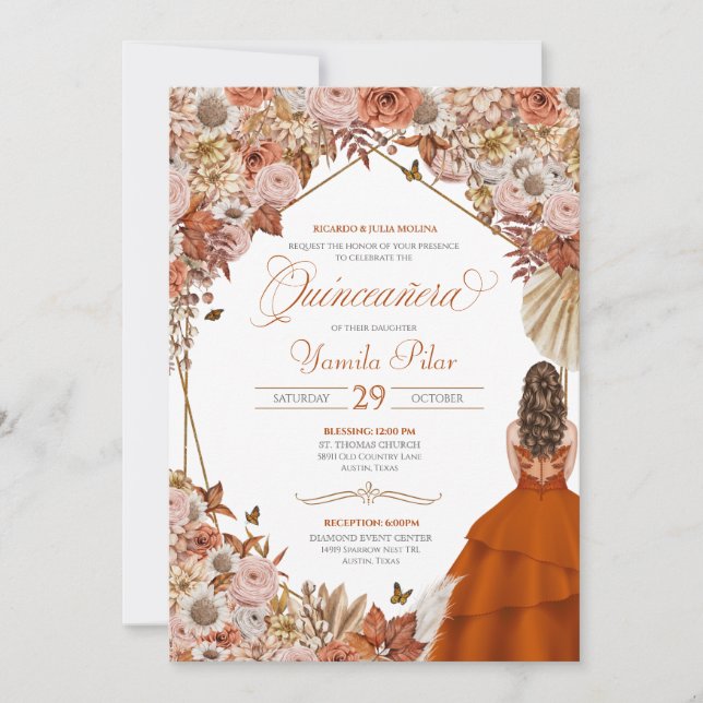 Rust Orange Verlasse Autum Falll Floral Quinceaner Einladung (Vorderseite)