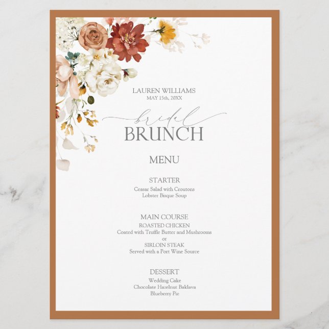 Rust Orange Watercolor Botanischer Bridal Brunch Menükarte (Vorderseite)