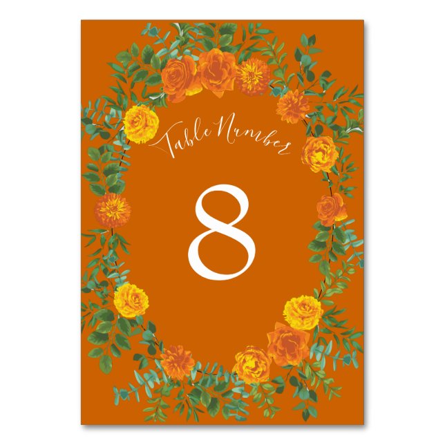 Rust Orange Wedding Vintag Floral Tischnummer (Rückseite)