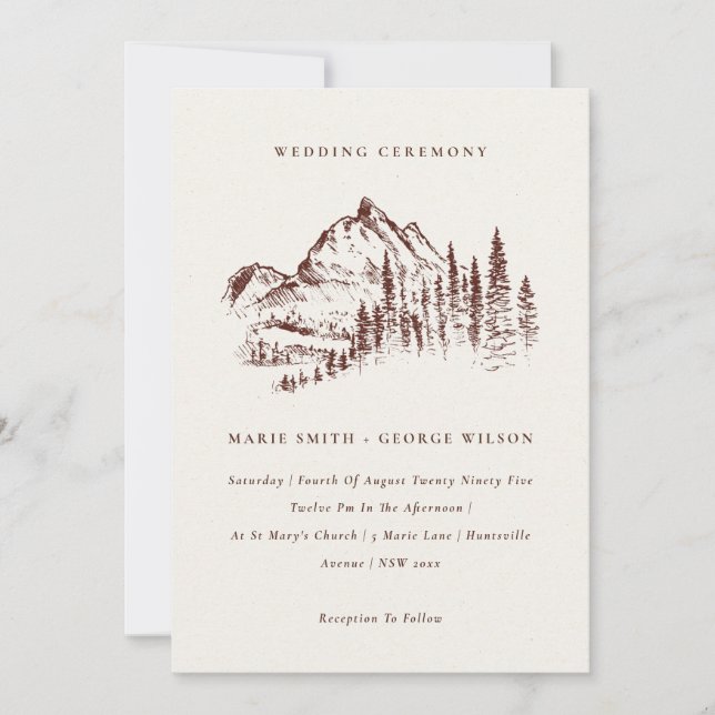 Rust Pine Woods Mountain Sketch Wedding Invitation (Devant)