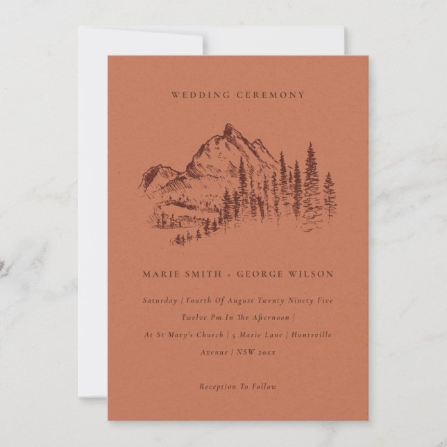 Rust Pine Woods Mountain Sketch Wedding Invitation (Devant)