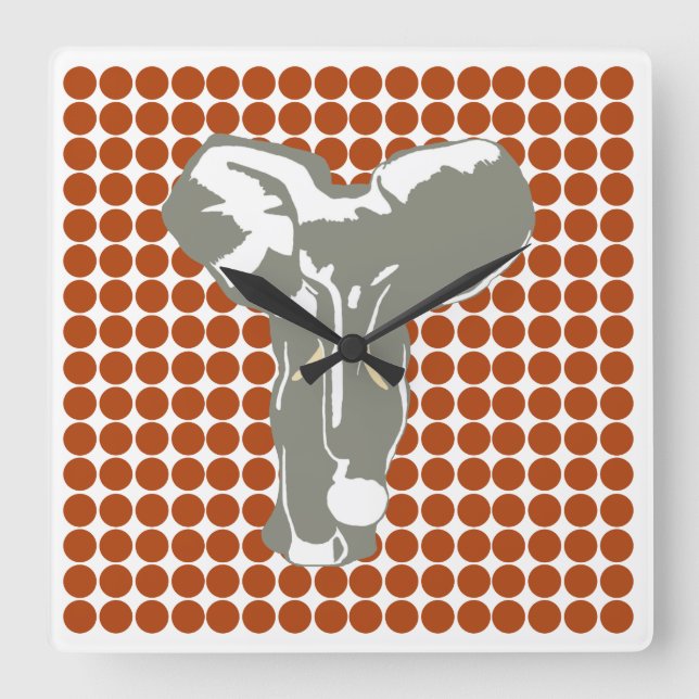 Rust Red Safari Dot with Pop Art Elephant Quadratische Wanduhr (Vorderseite)