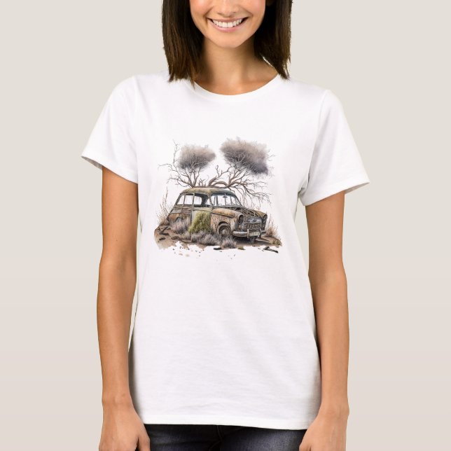 Rust & Reflektion: Wasserfarbene Jahrgangsautos T-Shirt (Vorderseite)