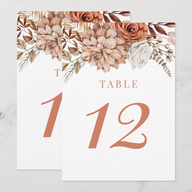 Rust Terracotta Fall Floral Wedding Tischnummer (Vorne/Hinten)