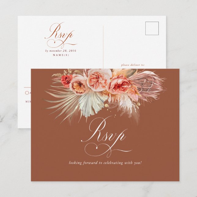 Rust Terracotta Floral Pampas Grass Wedding RSVP Postkarte (Vorne/Hinten)