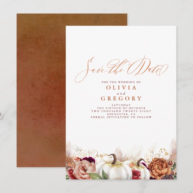 Rust Terracotta Floral Pumpkins fallen Save the Da Ankündigung (Vorne/Hinten)