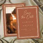 Rust Terracotta Minimalist Frame Wedding Photo Save The Date<br><div class="desc">Celebrate your love with this minimalist rust terracotta wedding photo save the date card design. It's perfect for a rustic autumn ceremony. This earthy,  modern look offers a warm and sophisticated feel for your autumn hue wedding. Created by Simply Farmhouse Press.</div>