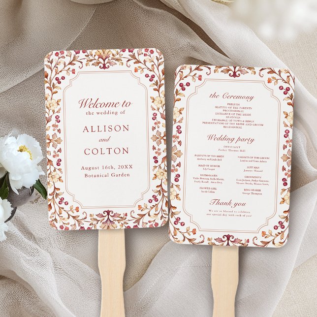 Rust Vintage Botanische Florale Hochzeitsprogramm  Fächer (Rust Vintage Botanical Floral Fall Wedding Program Hand Fan)