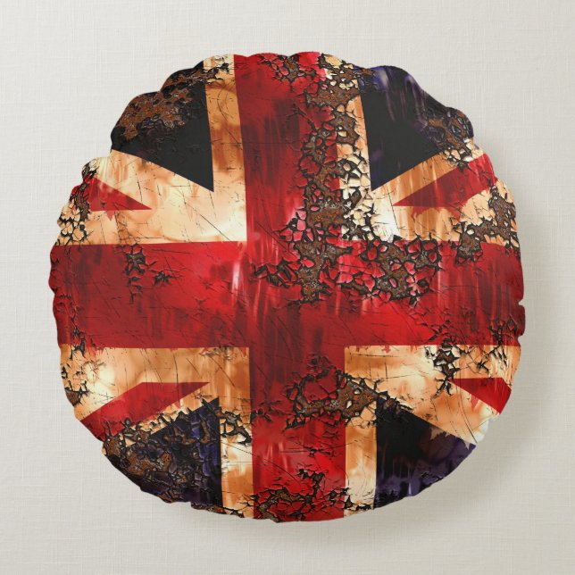 Rusted Patriotic United Kingdom Flag Rundes Kissen (Vorderseite)