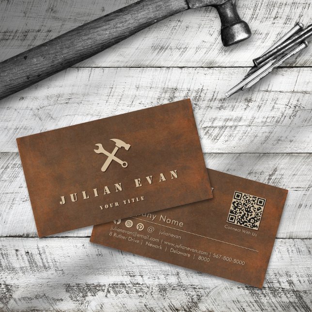 Rusti Eisen Stahl Hammer Wrench Icon Handyman Visitenkarte (Rusted Iron Steel Hammer Wrench Icon Handyman Business Card)