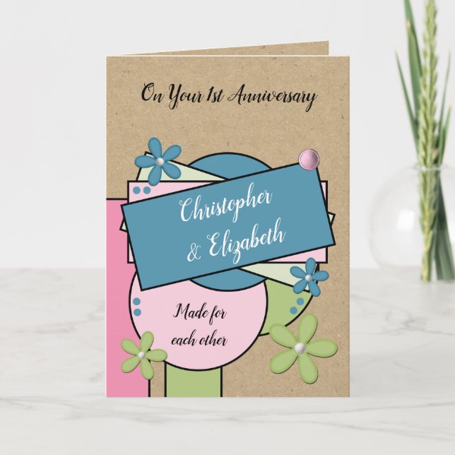 Rustic 1st Anniversary made for each other pink Karte (Vorderseite)
