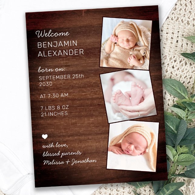 Rustic 3 Foto New Baby Country Wood Birth Ankündigungspostkarte (Von Creator hochgeladen)