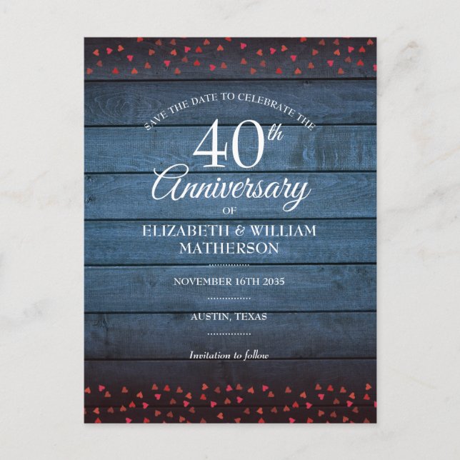 Rustic 40th Anniversary Save the Date Ruby Herzen Postkarte (Vorderseite)