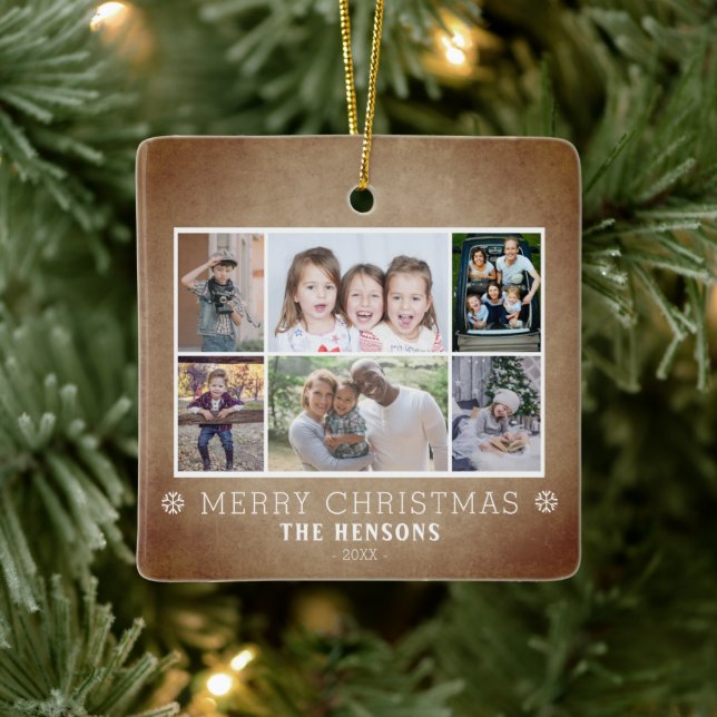 Rustic 6 Photo Collage Christmas Family  Keramikornament (Baum)