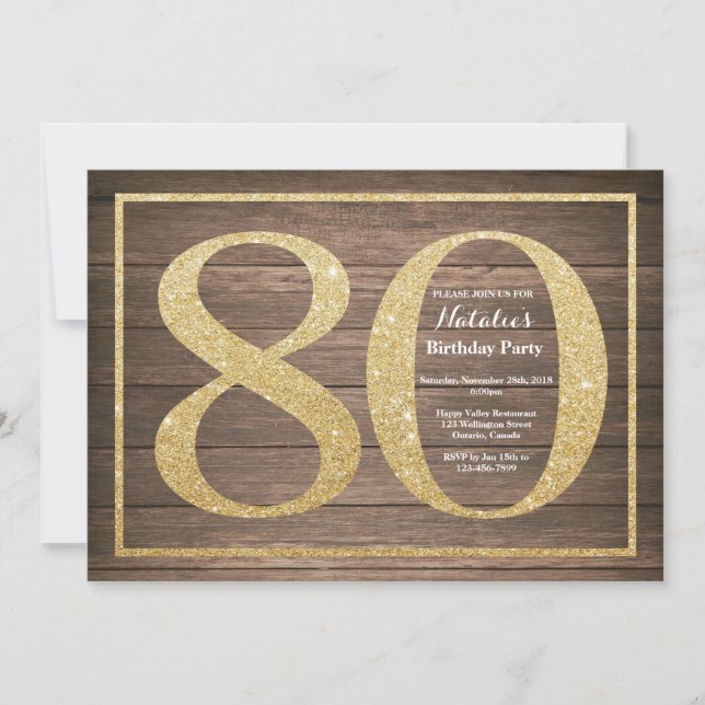Rustic 80th Birthday Einladung Gold Glitter (Vorderseite)