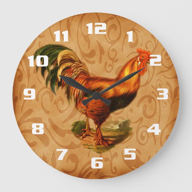 Rustic and Vintage Country Rooster Kitchen Große Wanduhr (Vorderseite)