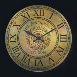 Rustic Antique Shabby Chic Vintage Roman Numeral Große Wanduhr<br><div class="desc">This beautiful, unique, one-of-a-kind personalized design features a faux-rust distressed vintage antique background with your own personalized family name in a bold font with your own year established. The clock face has bold roman numerals with a center of a unique mandala pattern. Personalize this clock by adding your personal information....</div>