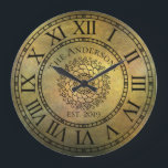 Rustic Antique Shabby Chic Vintage Roman Numeral Große Wanduhr<br><div class="desc">This beautiful, unique, one-of-a-kind personalized design features a faux-rust distressed vintage antique background with your own personalized family name in a bold font with your own year established. The clock face has bold roman numerals with a center of a unique mandala pattern. Personalize this clock by adding your personal information....</div>