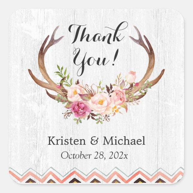 Rustic Antler Boho Floral White Wood Vielen Dank Quadratischer Aufkleber (Vorderseite)