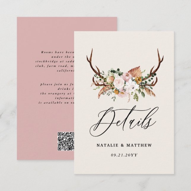 Rustic Antler Floral Wedding woodland Boho Details Begleitkarte (Vorne/Hinten)