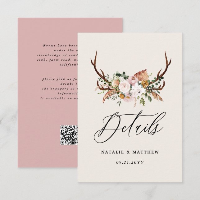Rustic Antler Floral Wedding woodland Boho Details Begleitkarte (Vorne/Hinten)