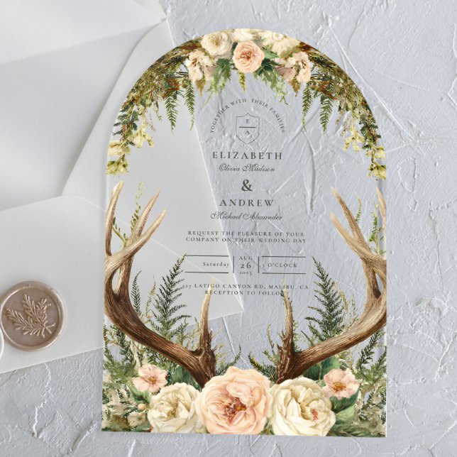 Rustic Antler Woodland Floral Wedding Acryleinladungen (Von Creator hochgeladen)