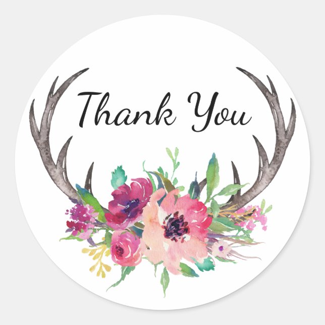 Rustic Antlers Boho Floral Allure Runder Aufkleber (Vorderseite)
