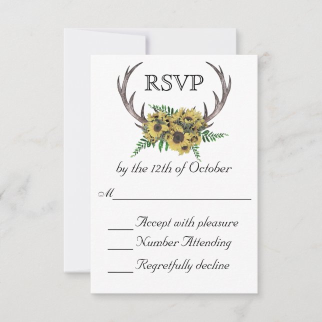Rustic Antlers Boho Sunflowers Wedding RSVP Karte (Vorderseite)