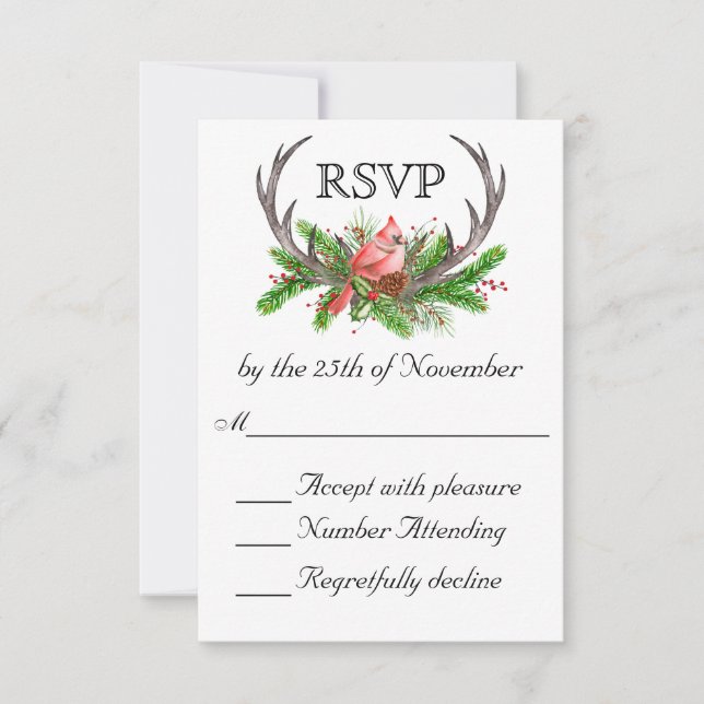 Rustic Antlers Boho Woodland Winter Wedding UAWG RSVP Karte (Vorderseite)