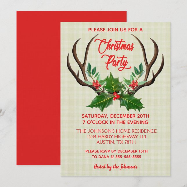Rustic Antlers Christmas Party Einladung (Vorne/Hinten)