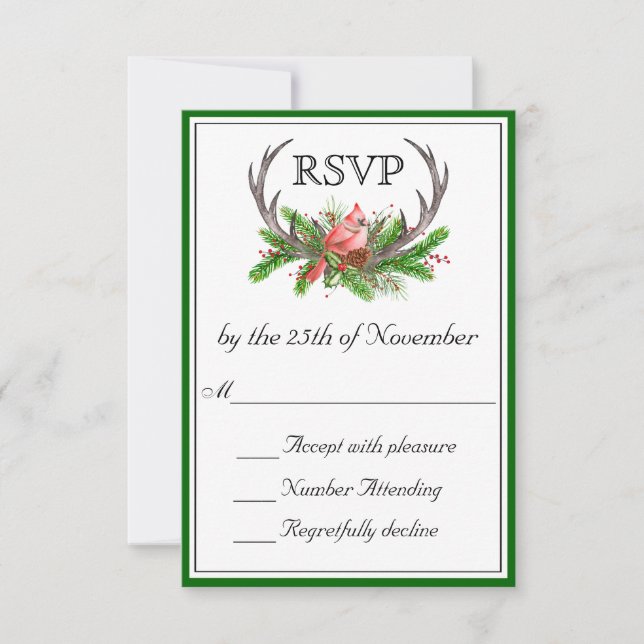 Rustic Antlers Green Edge Wedding RSVP Karte (Vorderseite)