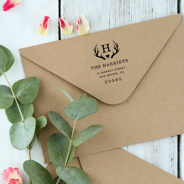 Rustic Antlers Monogram Family Name Rücksendeadres Gummistempel (Von Creator hochgeladen)