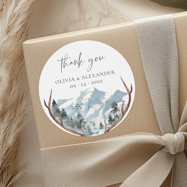Rustic Antlers Mountain Wedding Vielen Dank Runder Aufkleber (Von Creator hochgeladen)