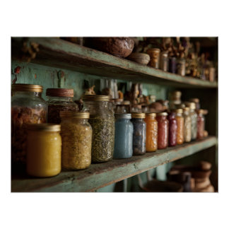 Rustic Apothecary Herb Jar Shelf Poster