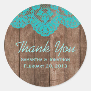 Rustic Aquamarin Lace and Wood Wedding Vielen Dank Runder Aufkleber