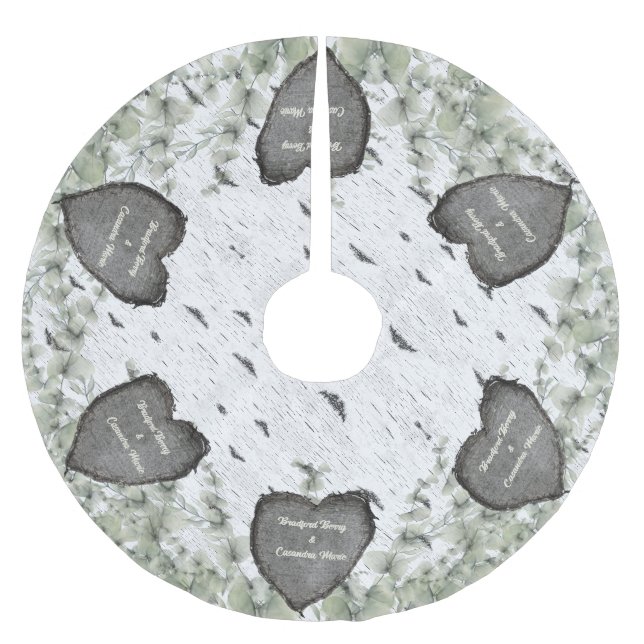 Rustic Aspen Bark Wood Carved Hearts Paare Namen Polyester Weihnachtsbaumdecke (Vorderseite)