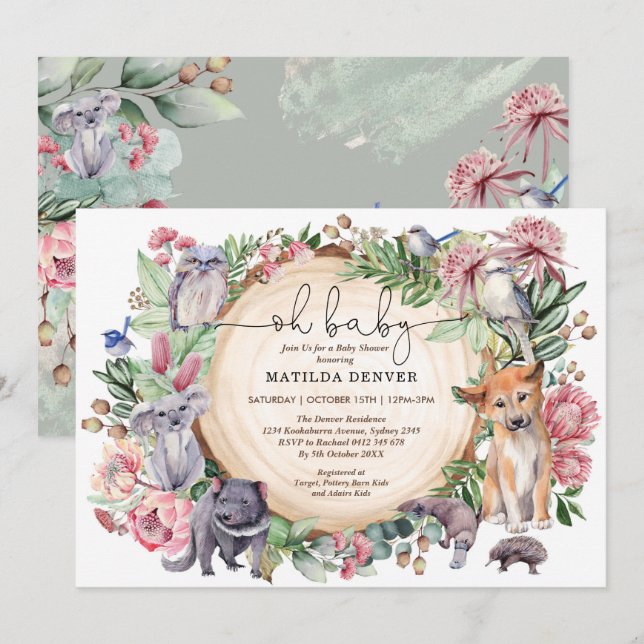 Rustic Australia Native Animals Floral Baby Showro Einladung (Vorne/Hinten)